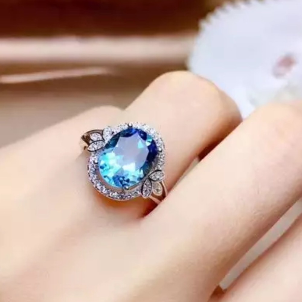 New 925 Silver Dainty Leafs Circle Sapphire Ring - Picture 2 of 6